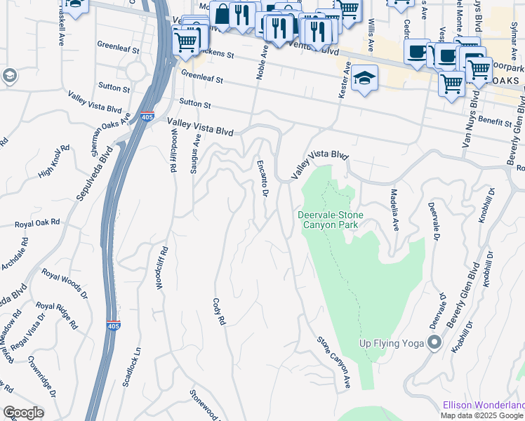 map of restaurants, bars, coffee shops, grocery stores, and more near 15020 Encanto Drive in Los Angeles