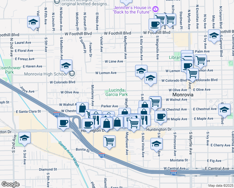 map of restaurants, bars, coffee shops, grocery stores, and more near 530 West Olive Avenue in Monrovia