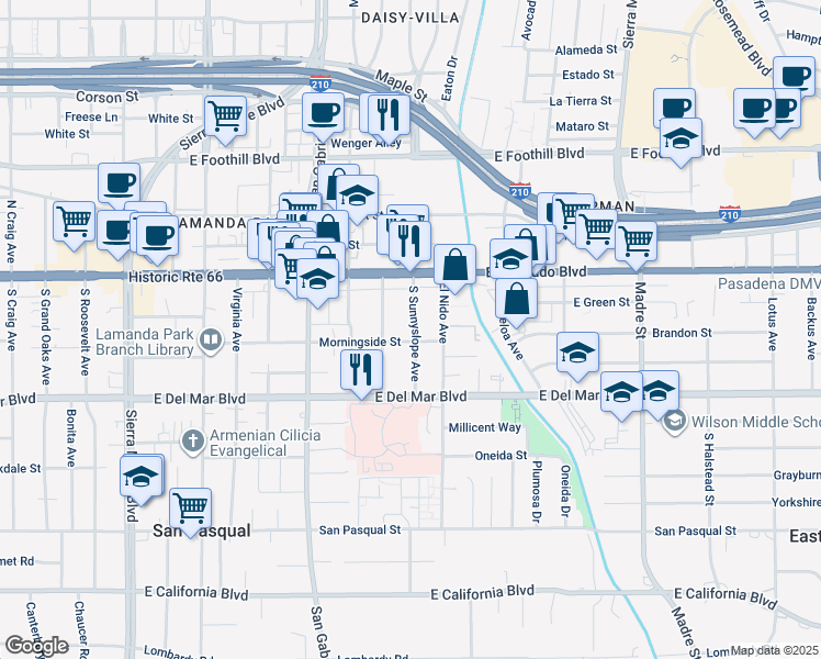 map of restaurants, bars, coffee shops, grocery stores, and more near 101 South Sunnyslope Avenue in Pasadena