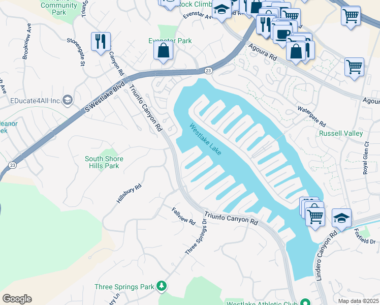map of restaurants, bars, coffee shops, grocery stores, and more near 2393 Windward Circle in Westlake Village