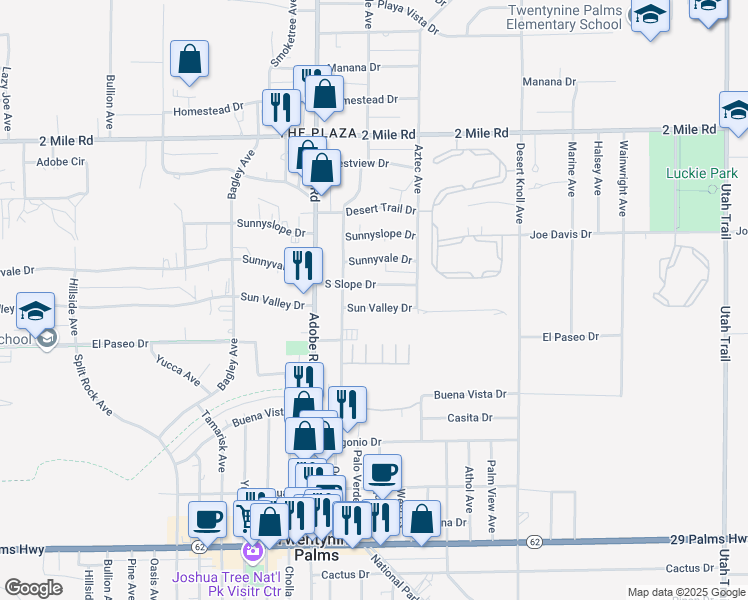 map of restaurants, bars, coffee shops, grocery stores, and more near 73824 Sun Valley Drive in Twentynine Palms