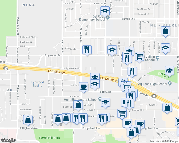 map of restaurants, bars, coffee shops, grocery stores, and more near 1259 Holly Vista Boulevard in San Bernardino