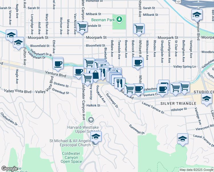 map of restaurants, bars, coffee shops, grocery stores, and more near 12700 Ventura Boulevard in Los Angeles