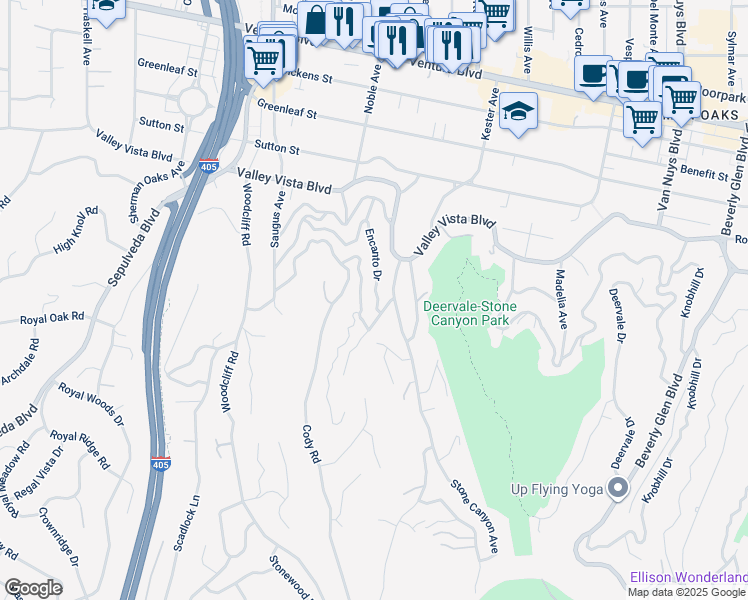 map of restaurants, bars, coffee shops, grocery stores, and more near 15020 Encanto Drive in Los Angeles