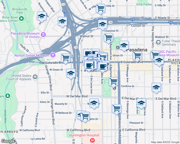 map of restaurants, bars, coffee shops, grocery stores, and more near 70W West Green Street in Pasadena