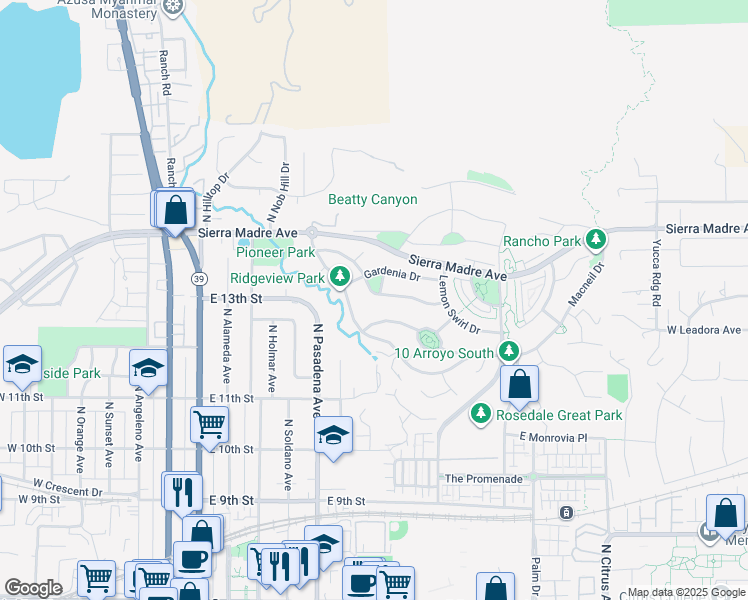 map of restaurants, bars, coffee shops, grocery stores, and more near 604 Desert Willow Road in Azusa