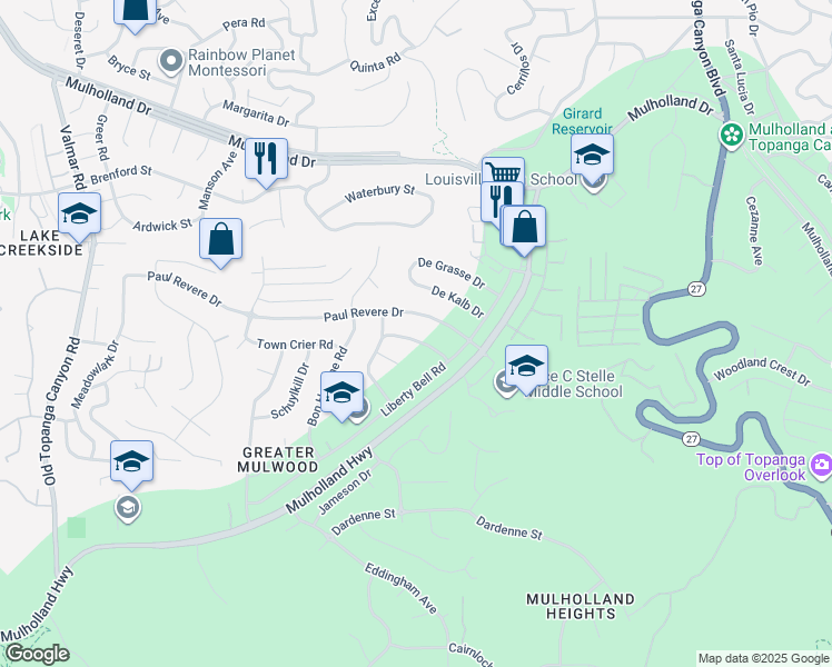 map of restaurants, bars, coffee shops, grocery stores, and more near 22505 Founders Drive in Calabasas