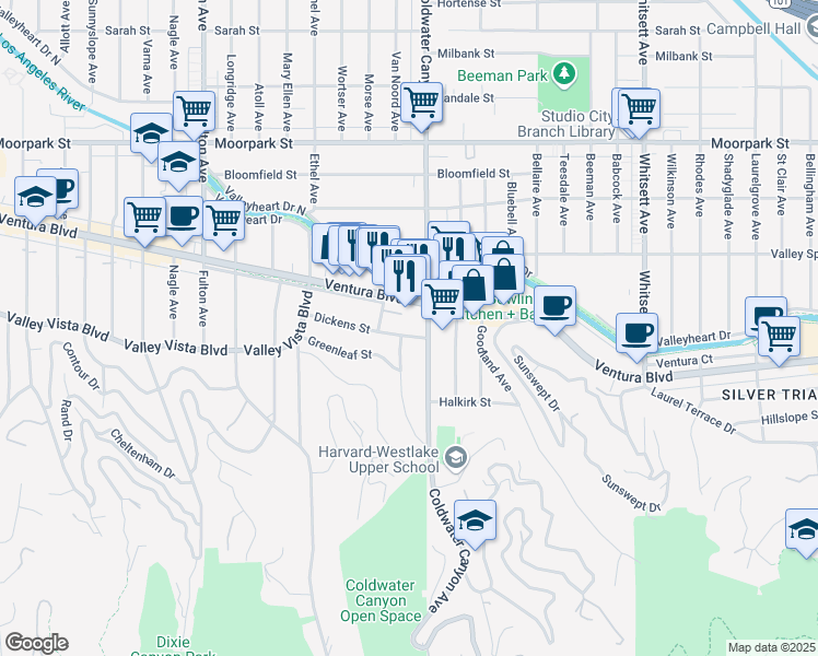 map of restaurants, bars, coffee shops, grocery stores, and more near 12921 Dickens Street in Los Angeles