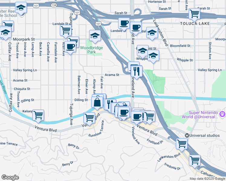 map of restaurants, bars, coffee shops, grocery stores, and more near 11138 Aqua Vista Street in Los Angeles