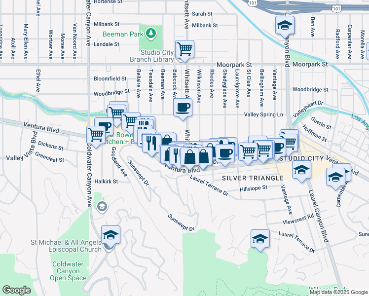 map of restaurants, bars, coffee shops, grocery stores, and more near 4041 Whitsett Avenue in Los Angeles