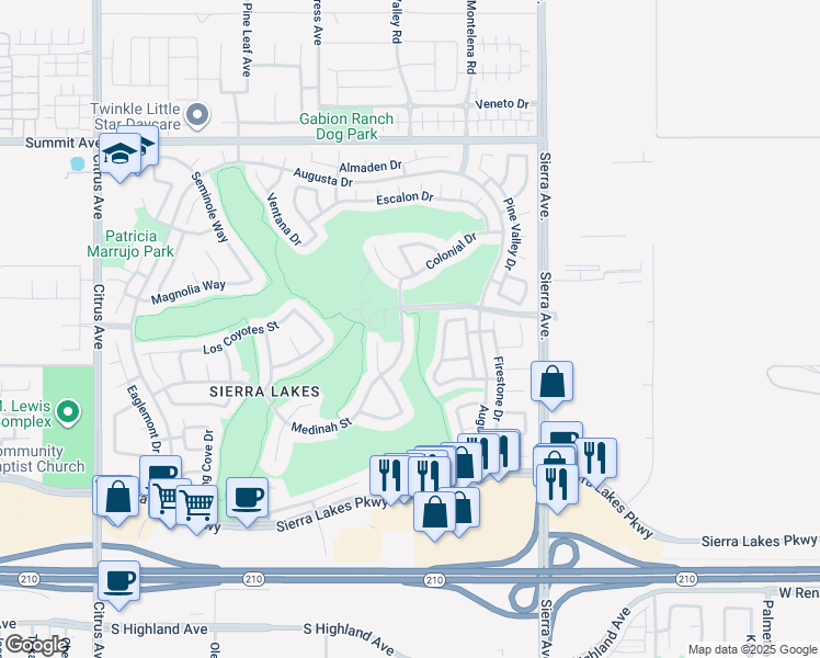map of restaurants, bars, coffee shops, grocery stores, and more near 6031 Medinah Street in Fontana