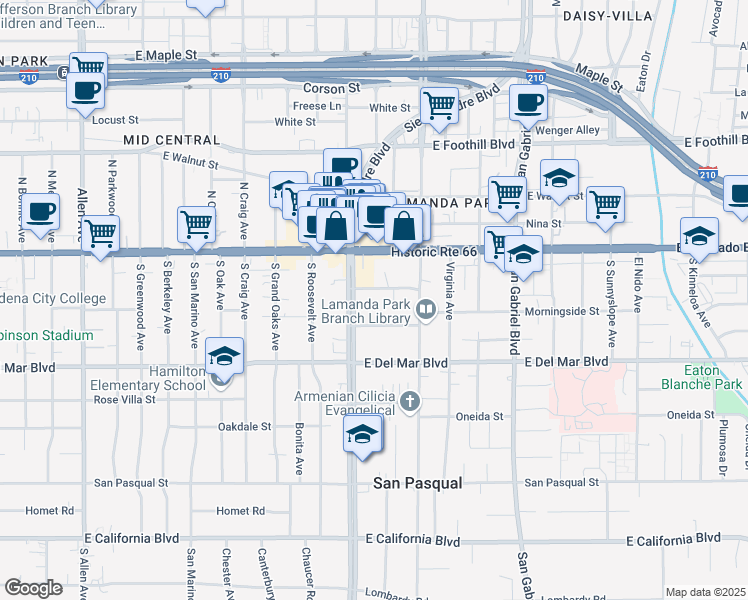 map of restaurants, bars, coffee shops, grocery stores, and more near 2418 Mohawk Street in Pasadena