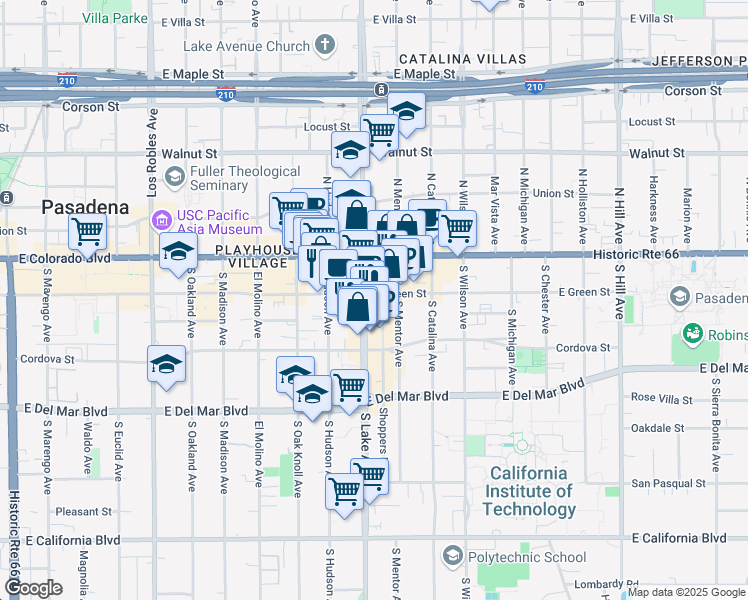 map of restaurants, bars, coffee shops, grocery stores, and more near 89 South Lake Avenue in Pasadena