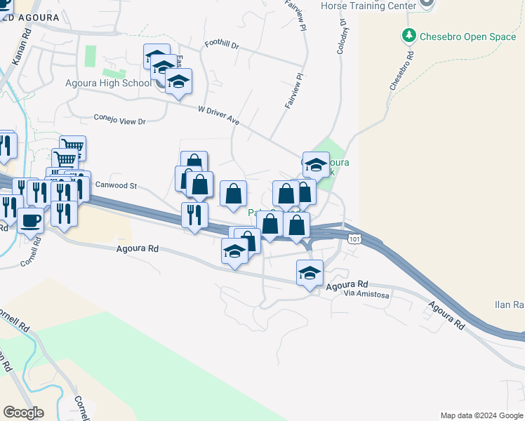 map of restaurants, bars, coffee shops, grocery stores, and more near 5241 Colodny Drive in Agoura Hills