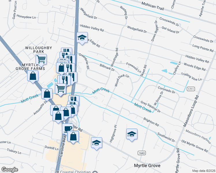map of restaurants, bars, coffee shops, grocery stores, and more near 5627 Woodridge Road in Wilmington