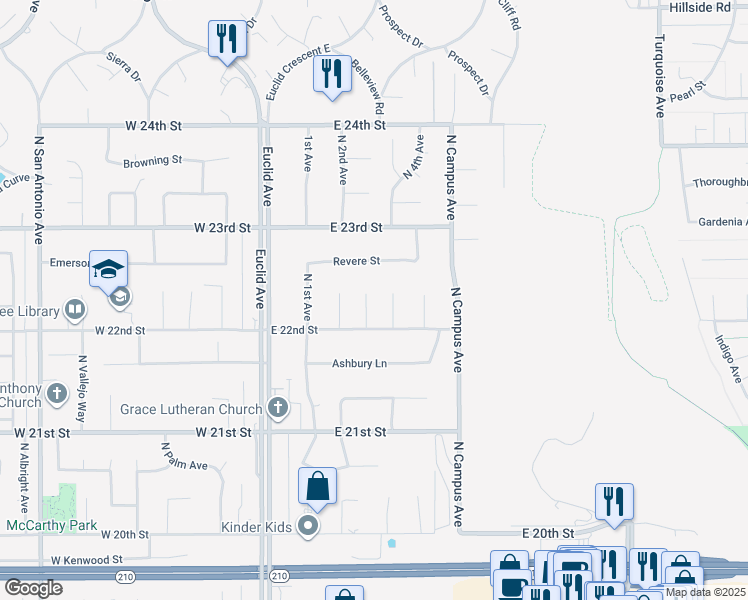 map of restaurants, bars, coffee shops, grocery stores, and more near 2230 North 3rd Avenue in Upland