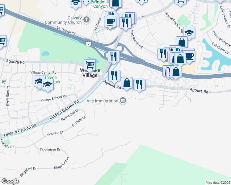 map of restaurants, bars, coffee shops, grocery stores, and more near 31365 Oak Crest Drive in Westlake Village