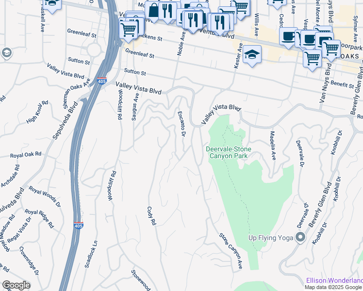map of restaurants, bars, coffee shops, grocery stores, and more near 15047 Rayneta Drive in Los Angeles