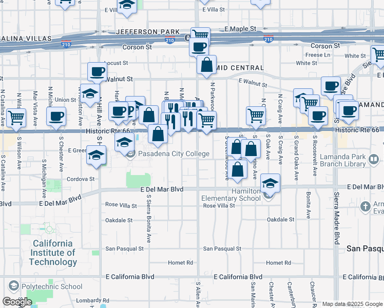 map of restaurants, bars, coffee shops, grocery stores, and more near 87 South Allen Avenue in Pasadena