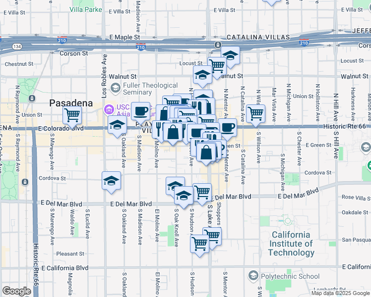 map of restaurants, bars, coffee shops, grocery stores, and more near 790 East Green Street in Pasadena
