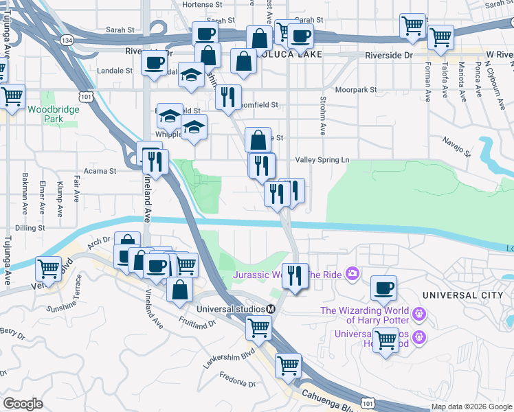 map of restaurants, bars, coffee shops, grocery stores, and more near 10633 Chiquita Street in Los Angeles