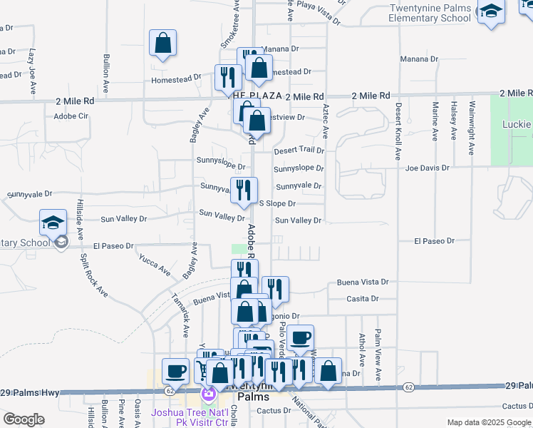 map of restaurants, bars, coffee shops, grocery stores, and more near 6020 Ocotillo Avenue in Twentynine Palms