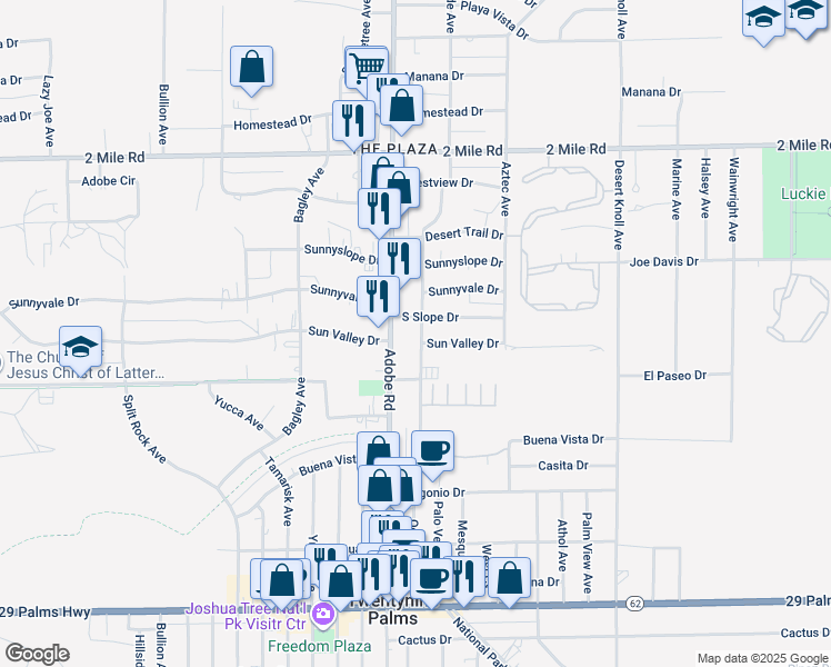 map of restaurants, bars, coffee shops, grocery stores, and more near 6020 Ocotillo Avenue in Twentynine Palms