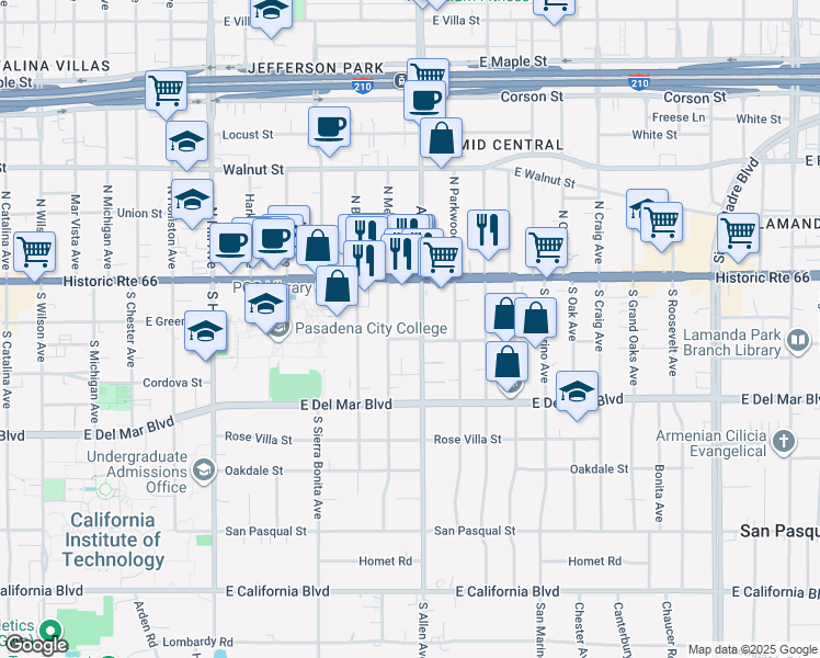 map of restaurants, bars, coffee shops, grocery stores, and more near 87 South Allen Avenue in Pasadena