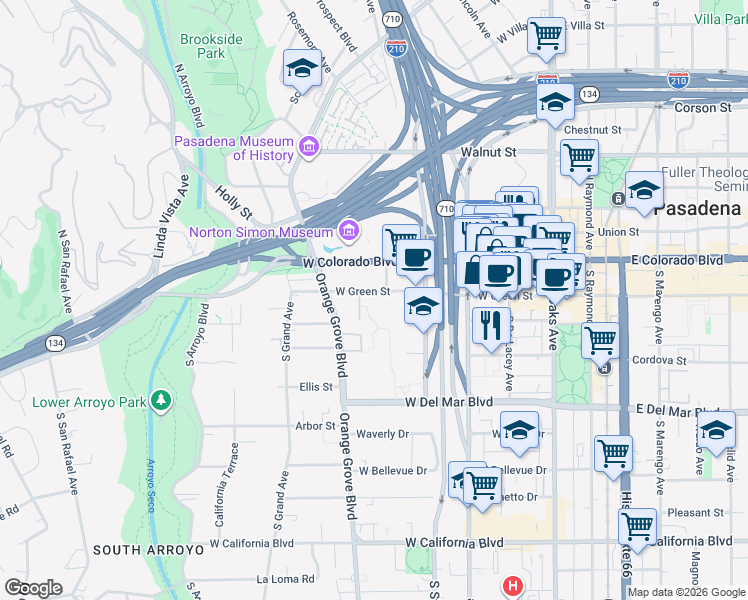 map of restaurants, bars, coffee shops, grocery stores, and more near 378 West Green Street in Pasadena