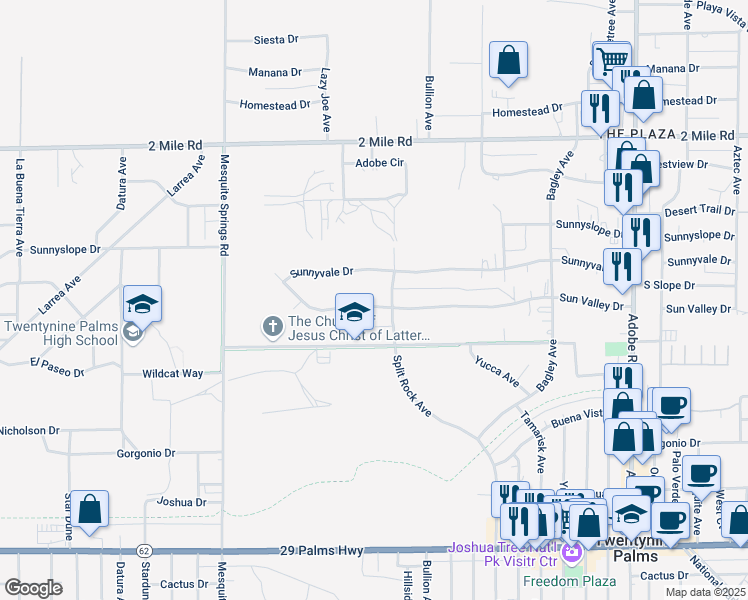 map of restaurants, bars, coffee shops, grocery stores, and more near 73204 Sun Valley Drive in Twentynine Palms