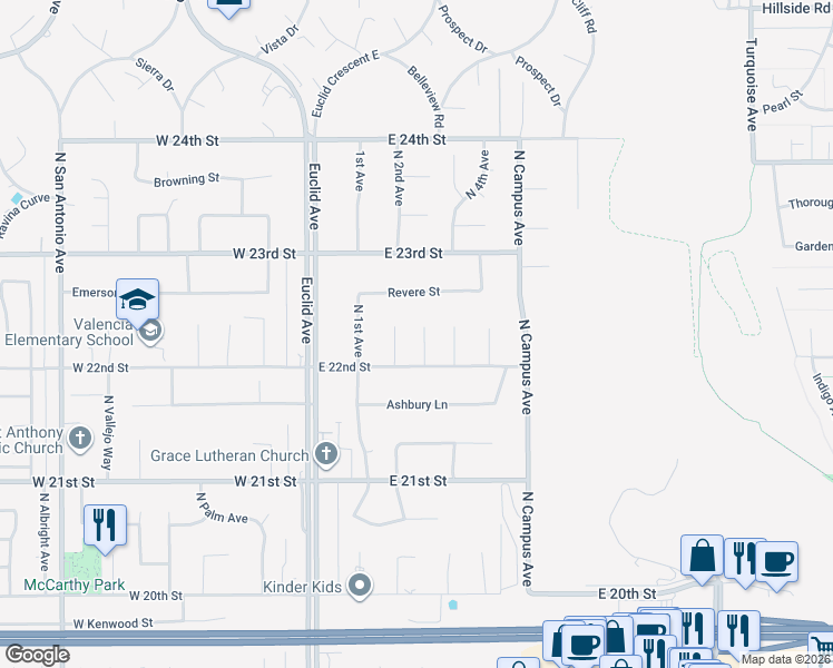 map of restaurants, bars, coffee shops, grocery stores, and more near 2229 North 3rd Avenue in Upland