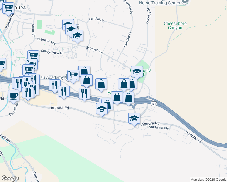 map of restaurants, bars, coffee shops, grocery stores, and more near 5241 Colodny Drive in Agoura Hills