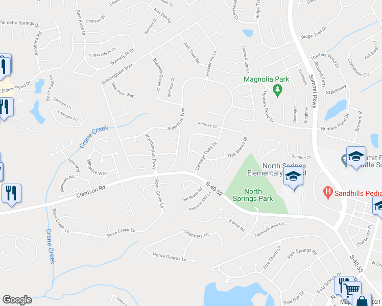 map of restaurants, bars, coffee shops, grocery stores, and more near 39 Coachmen Court in Columbia