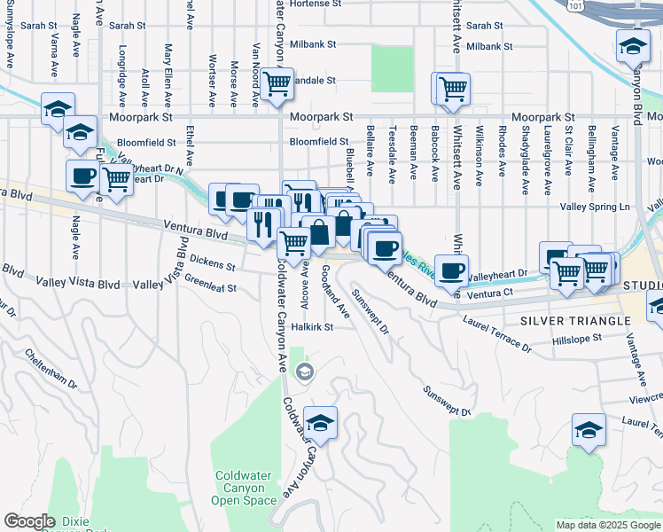 map of restaurants, bars, coffee shops, grocery stores, and more near 12754 Ventura Boulevard in Los Angeles