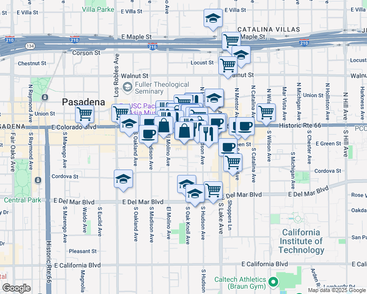 map of restaurants, bars, coffee shops, grocery stores, and more near 718 East Green Street in Pasadena