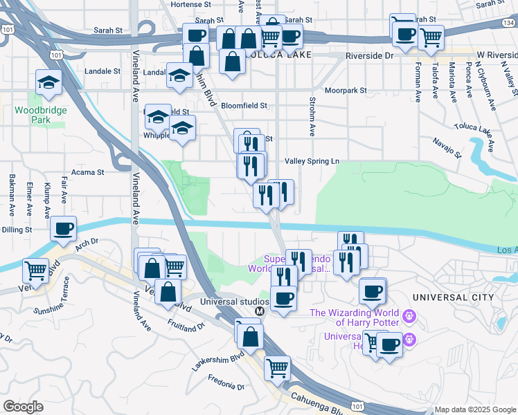 map of restaurants, bars, coffee shops, grocery stores, and more near 4100 Lankershim Boulevard in Los Angeles