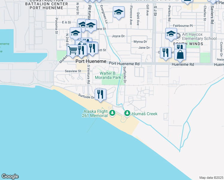 map of restaurants, bars, coffee shops, grocery stores, and more near 728 Island View Circle in Port Hueneme