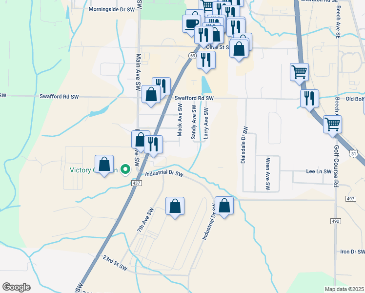 map of restaurants, bars, coffee shops, grocery stores, and more near 2048 Mack Avenue Southwest in Cullman