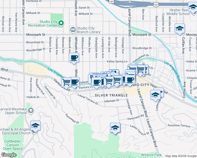 map of restaurants, bars, coffee shops, grocery stores, and more near 4046 Shadyglade Avenue in Los Angeles