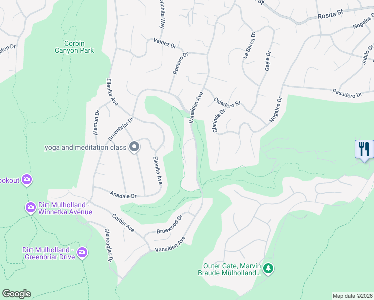 map of restaurants, bars, coffee shops, grocery stores, and more near 19420 Shenango Drive in Los Angeles