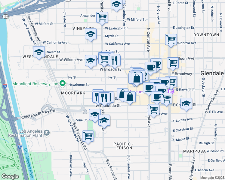map of restaurants, bars, coffee shops, grocery stores, and more near 449 West Harvard Street in Glendale