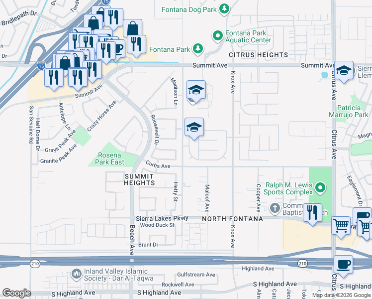 map of restaurants, bars, coffee shops, grocery stores, and more near 6032 Mount Lewis Lane in Fontana