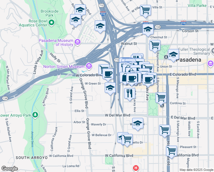 map of restaurants, bars, coffee shops, grocery stores, and more near 330 West Green Street in Pasadena