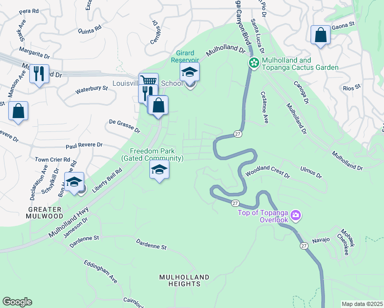 map of restaurants, bars, coffee shops, grocery stores, and more near Spruce Dr in Topanga Canyon