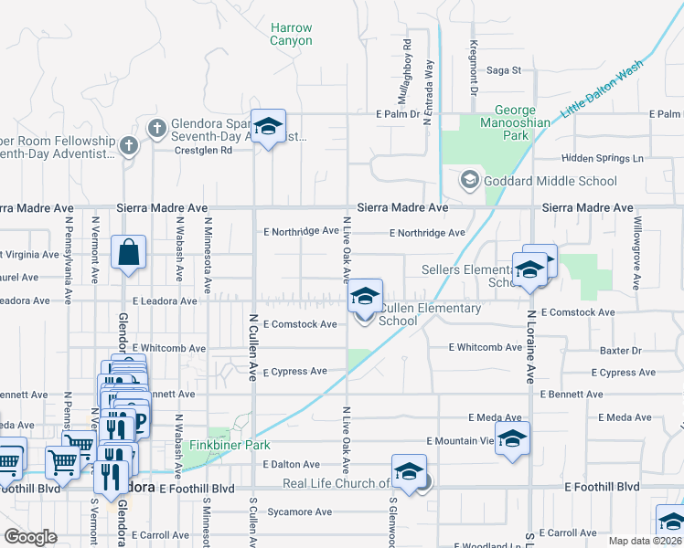 map of restaurants, bars, coffee shops, grocery stores, and more near 659 East Laurel Avenue in Glendora
