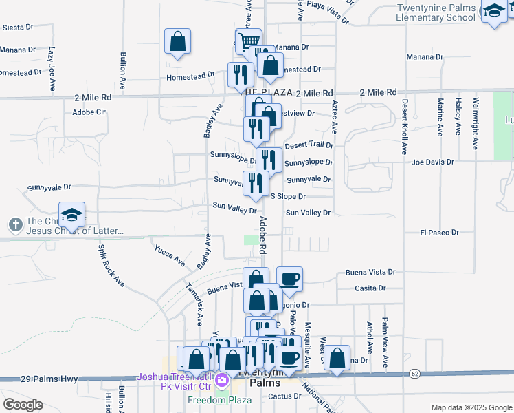 map of restaurants, bars, coffee shops, grocery stores, and more near 73680 Sun Valley Drive in Twentynine Palms