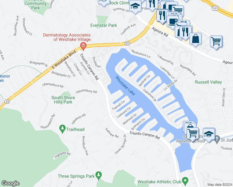 map of restaurants, bars, coffee shops, grocery stores, and more near 2399 Windward Circle in Westlake Village
