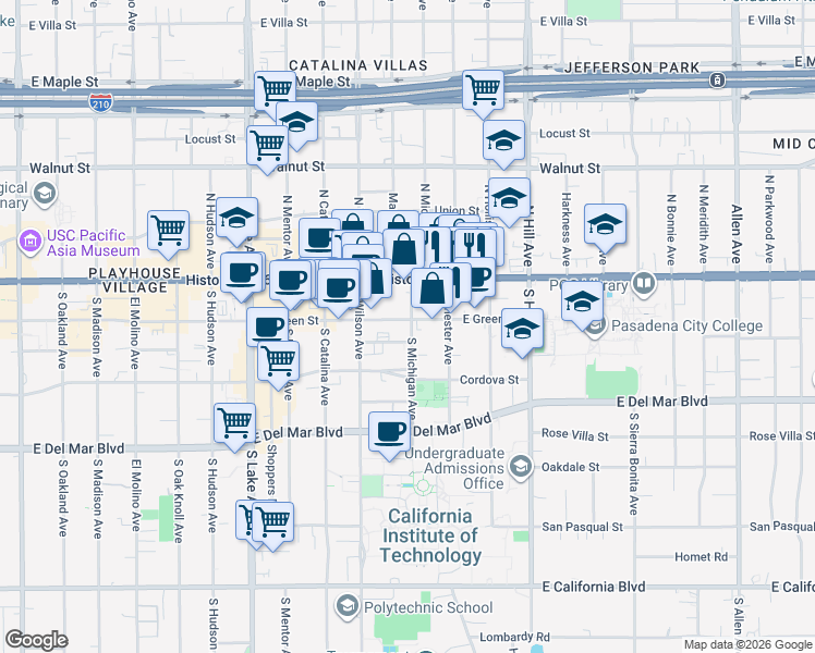 map of restaurants, bars, coffee shops, grocery stores, and more near 1166 East Green Street in Pasadena