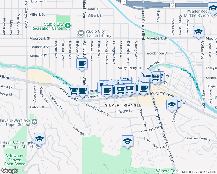 map of restaurants, bars, coffee shops, grocery stores, and more near 4046 Shadyglade Avenue in Los Angeles