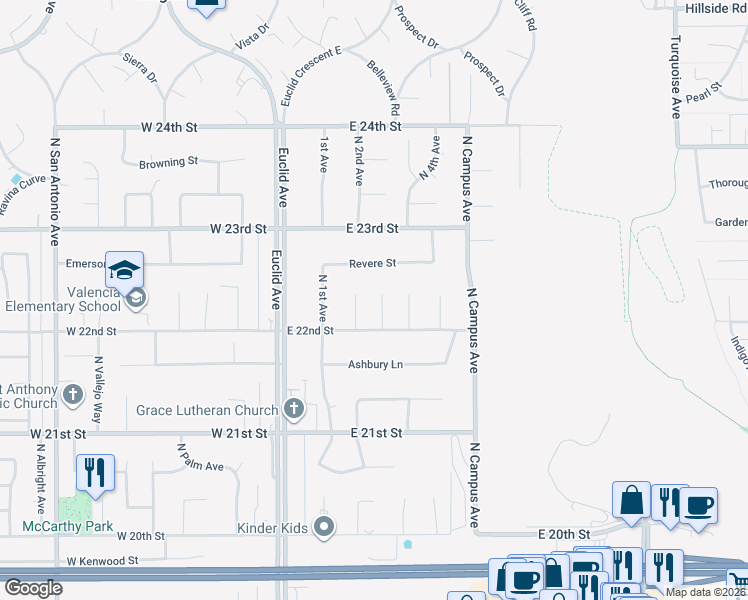 map of restaurants, bars, coffee shops, grocery stores, and more near 2229 North 3rd Avenue in Upland